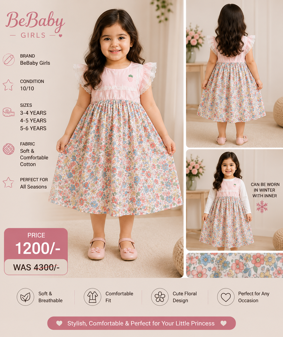 BeBaby Girls Floral Cotton Dress – Premium Cotton | 3-6 Years