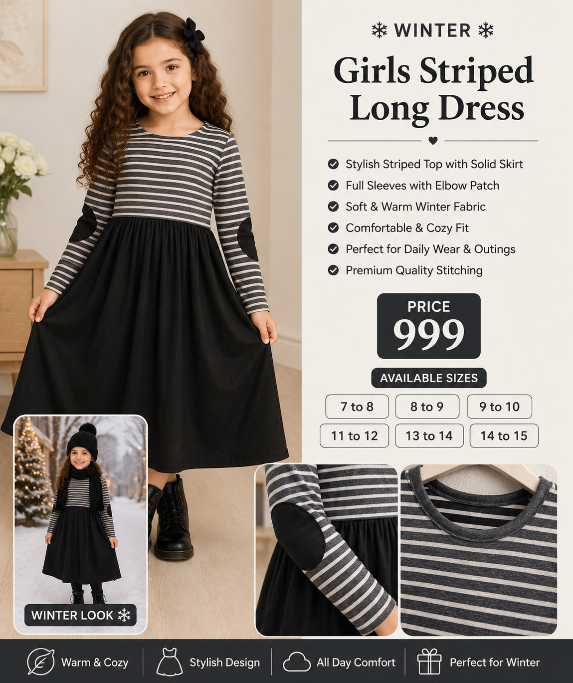 Girls Striped Long Winter Dress
