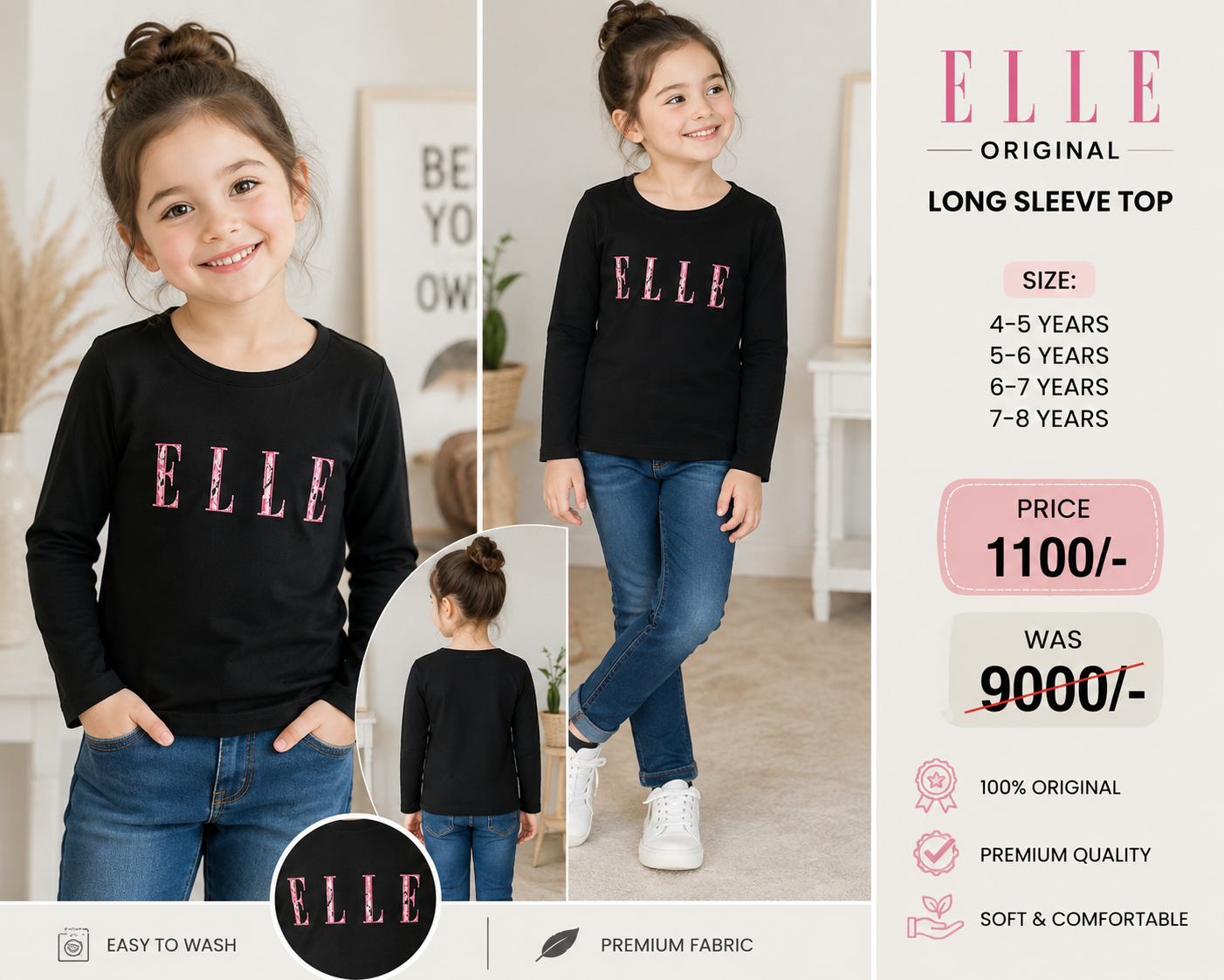 ELLE Original Black Full Sleeve Top for Girls