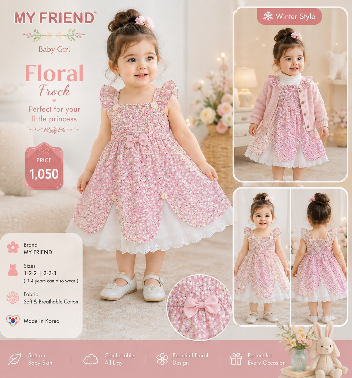 My Friend Baby Girl Pink Floral Frock