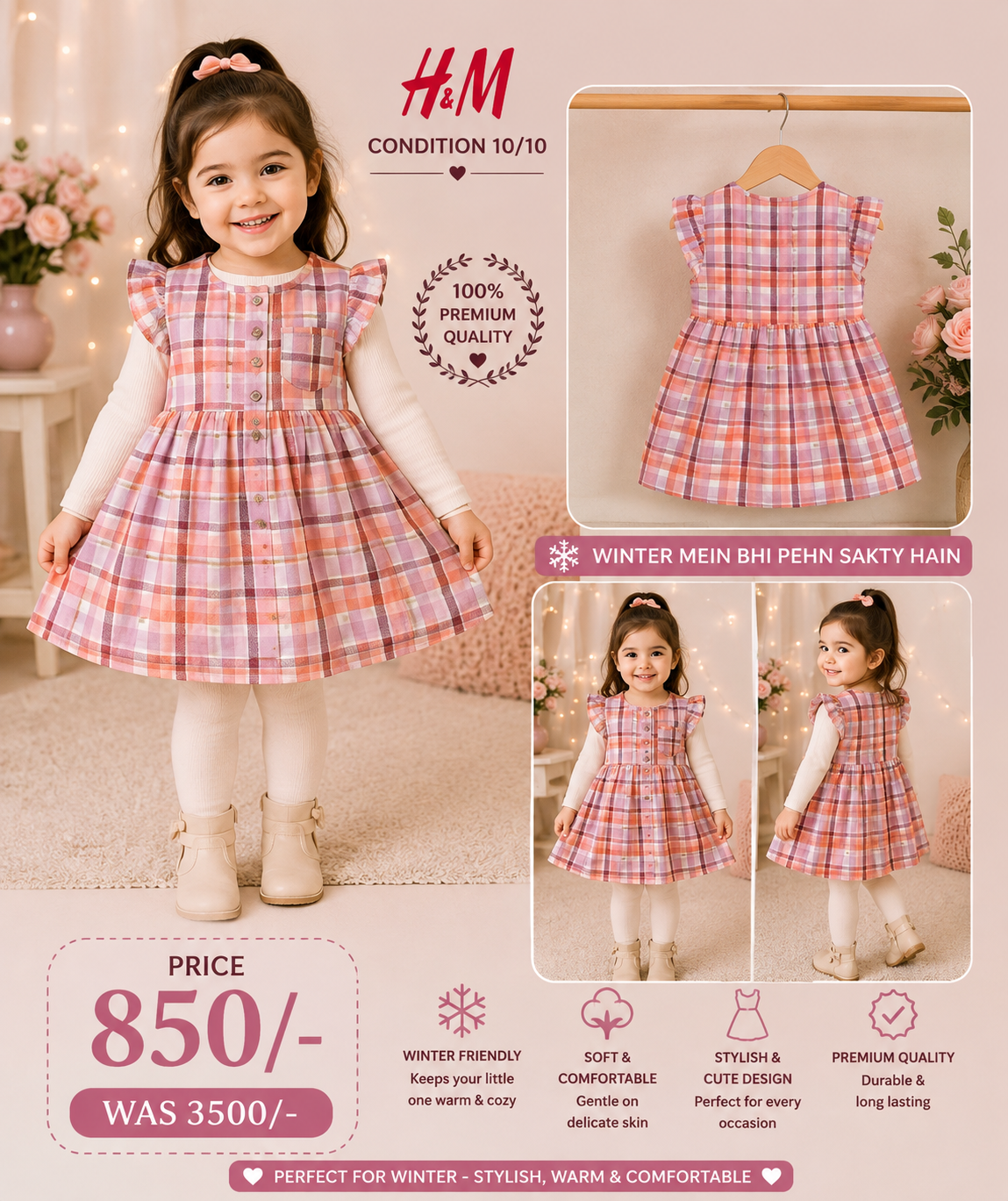 H&M Pink Check Frill Sleeve Dress for Girls