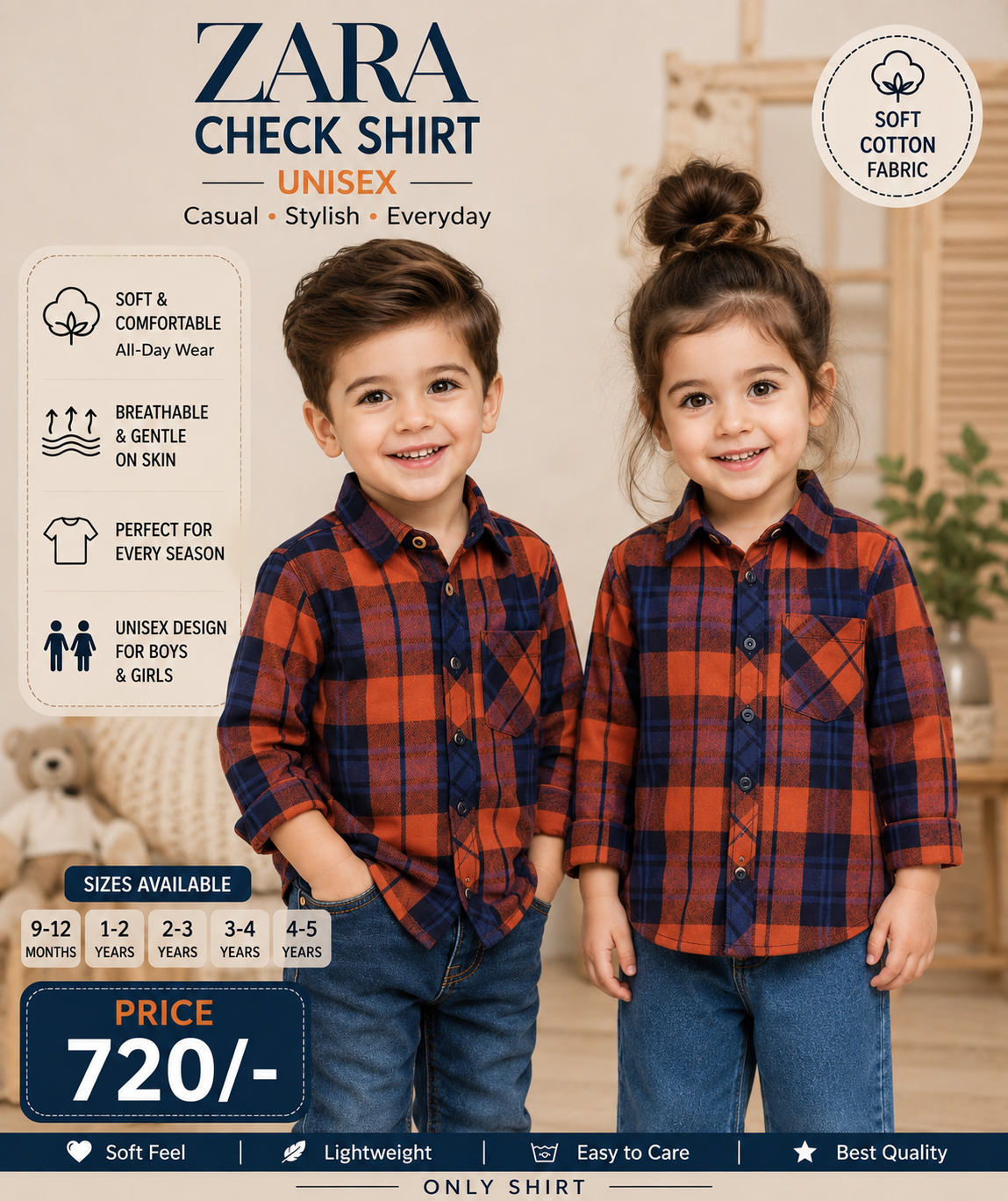 ZARA Kids Unisex Check Full Sleeve Shirt