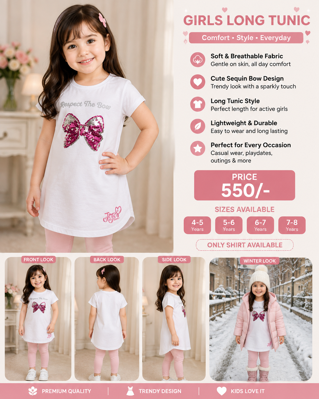 Girls Long Bow Printed Tunic Top