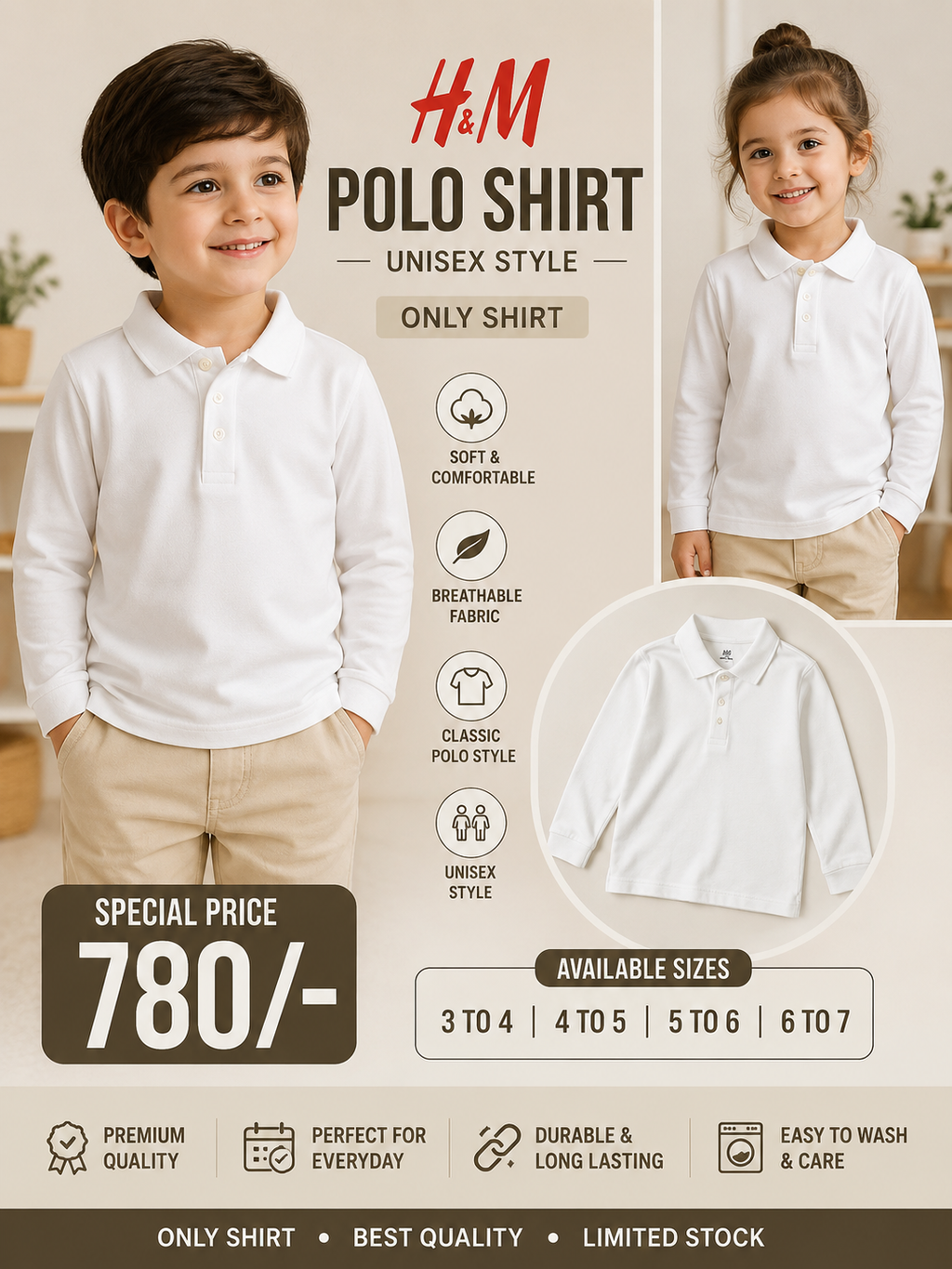 H&M Kids White Full Sleeve Polo Shirt