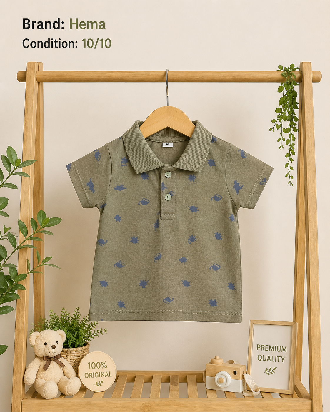Hema Kids Olive Green Dinosaur Print Polo Shirt | Premium Cotton | Condition 10/10