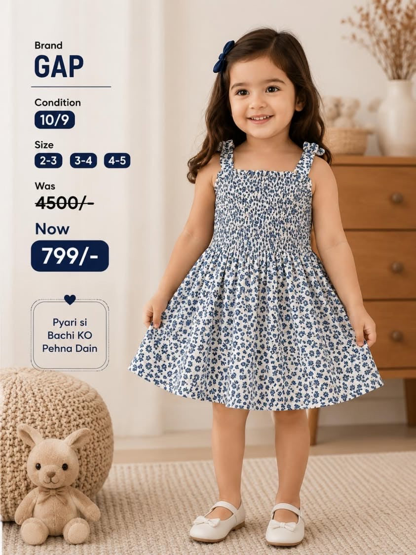 GAP Girls Blue Floral Smocked Cotton Dress