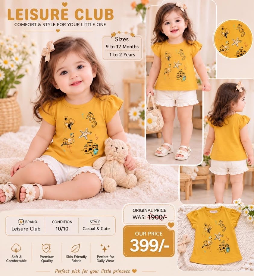Leisure Club Girls Printed T-Shirt – Size 6–9 Months | Excellent Condition