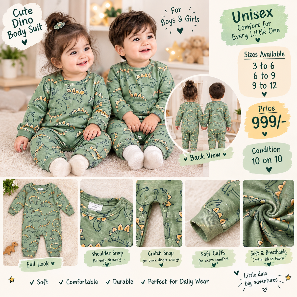 Unisex Baby Dinosaur Printed Full-Sleeve Bodysuit – Green