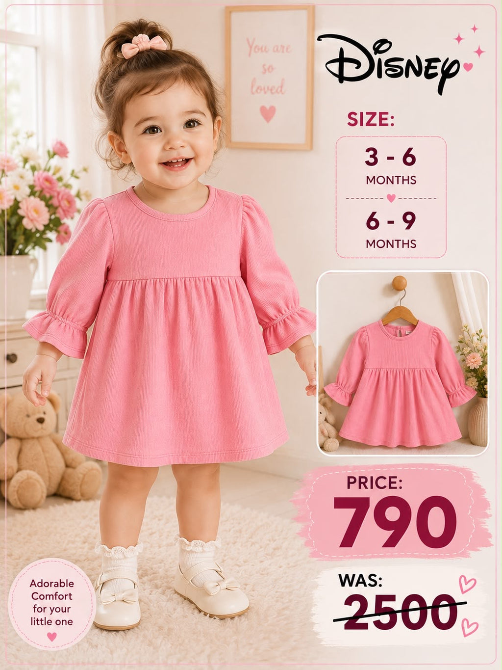 Disney Pink Baby Dress | Soft Cotton | 3-9 Months