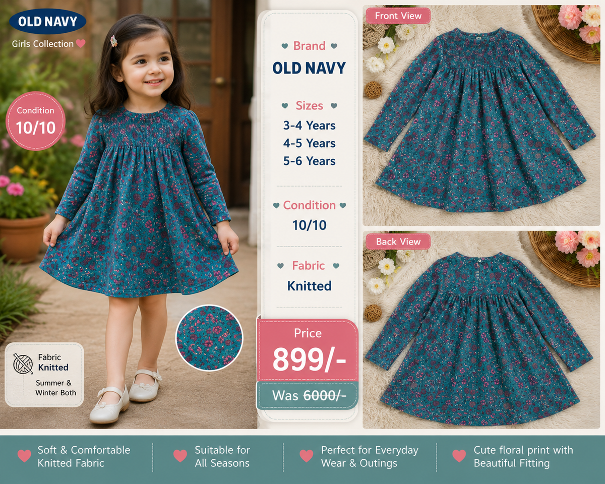 Old Navy Girls Knitted Floral Dress – Soft & Comfortable | 3-6 Years