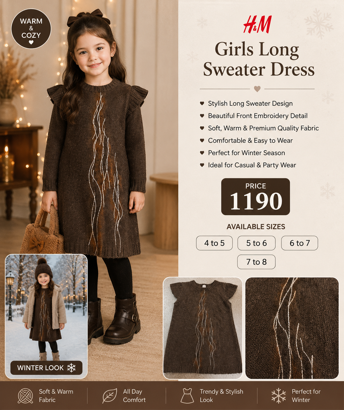 Girls Warm & Cozy Embroidered Long Sweater Dress