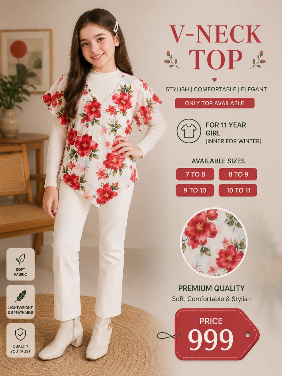 Girls Floral V-Neck Top with Winter Inn