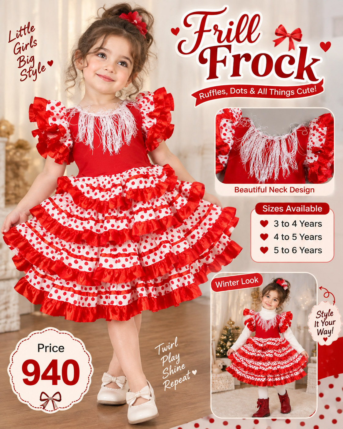 Red & White Frill Frock ❤️