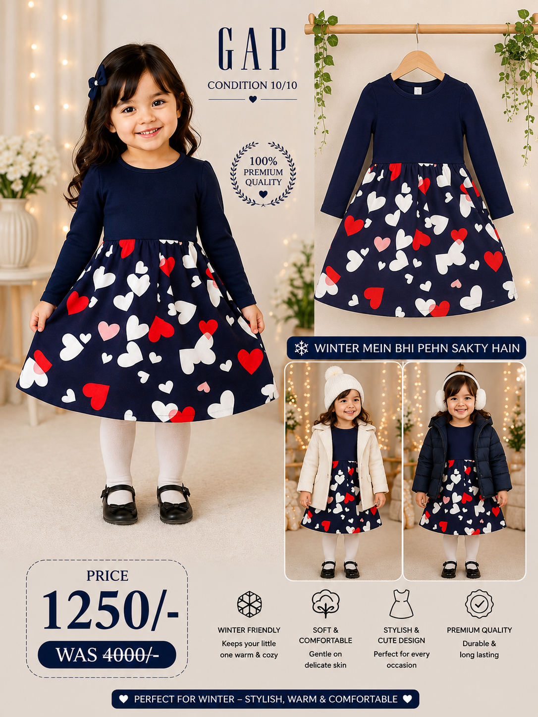 GAP Heart Print Winter Dress for Girls