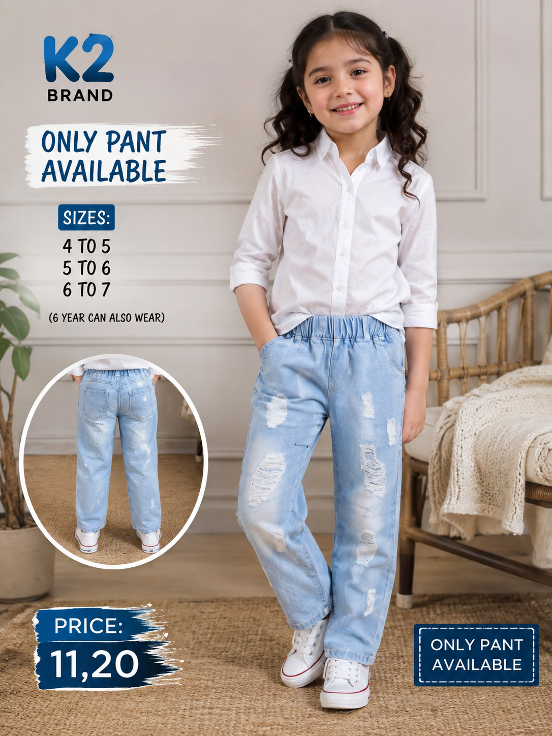 K2 Girls Trendy Ripped Denim Pants