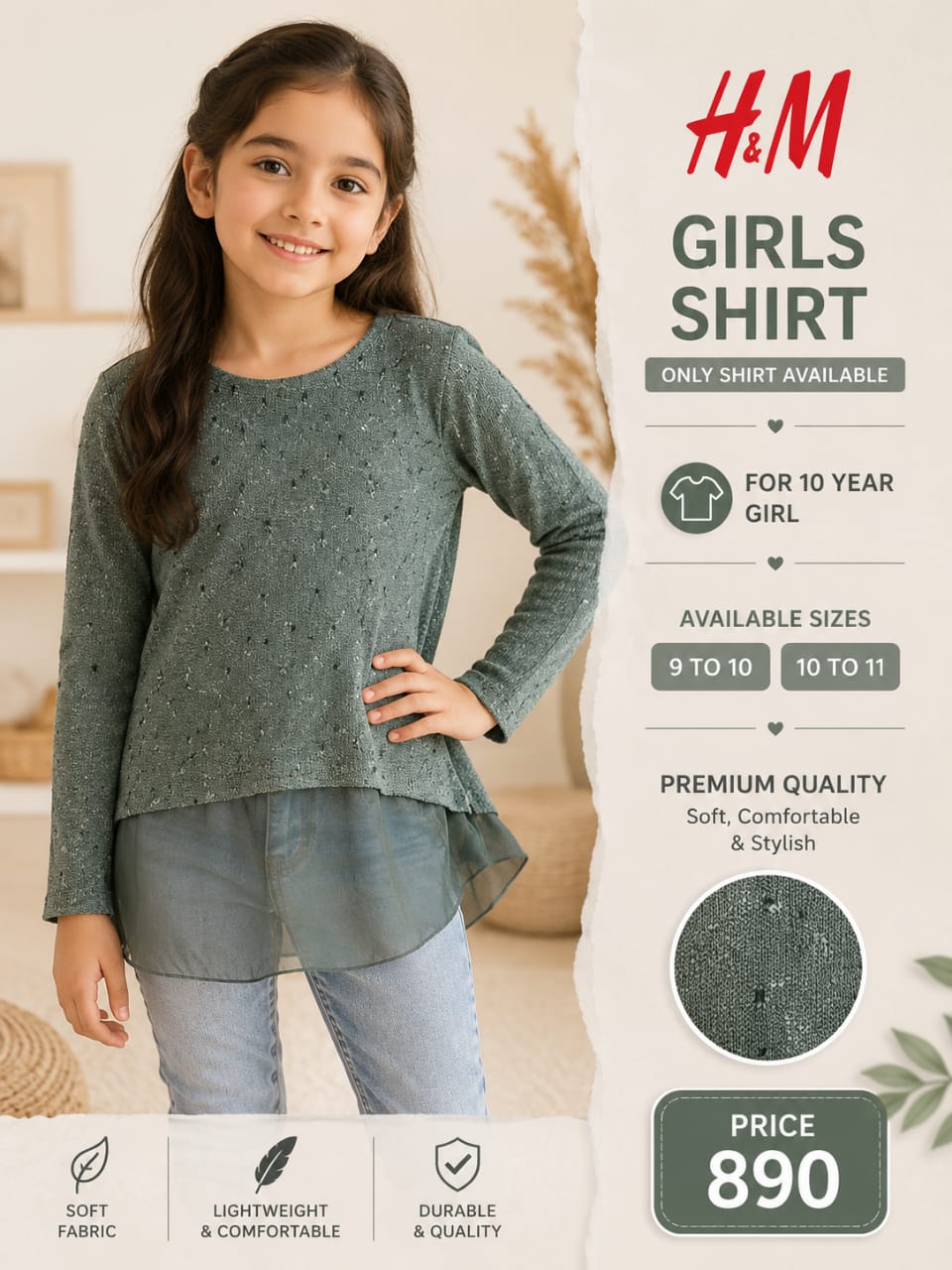 H&M Girls Long Sleeve Shirt – Stylish Layered Design