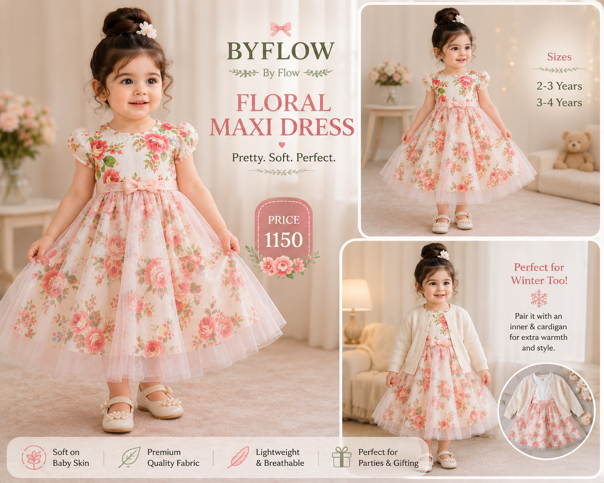 Floral Printed Maxi Tulle Party Dress for Girls