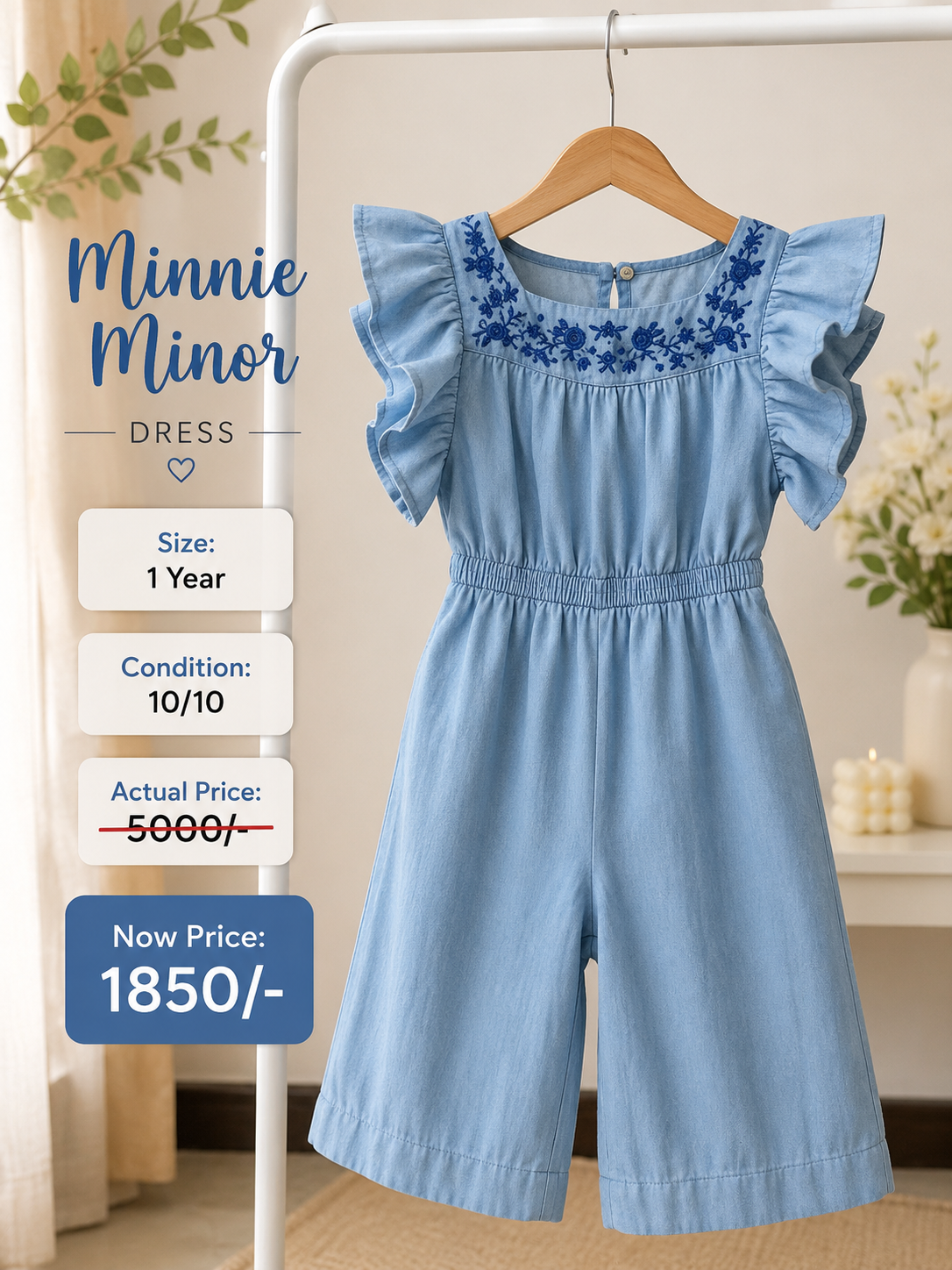 Minnie Minor Embroidered Blue Jumpsuit – 1 Year | Pre-Loved | Like New