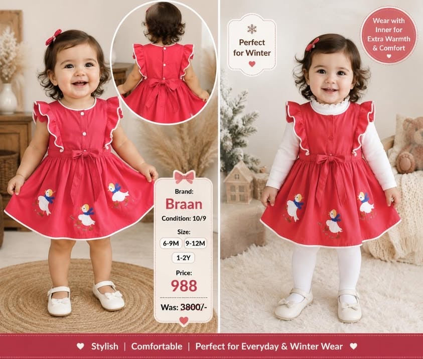 Braan Red Winter Dress for Baby Girls | 6M–2Y | Preloved
