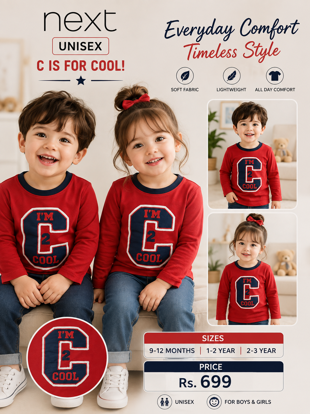 Unisex Kids “I’m C 2 Cool” Full Sleeve T-Shirt – Red