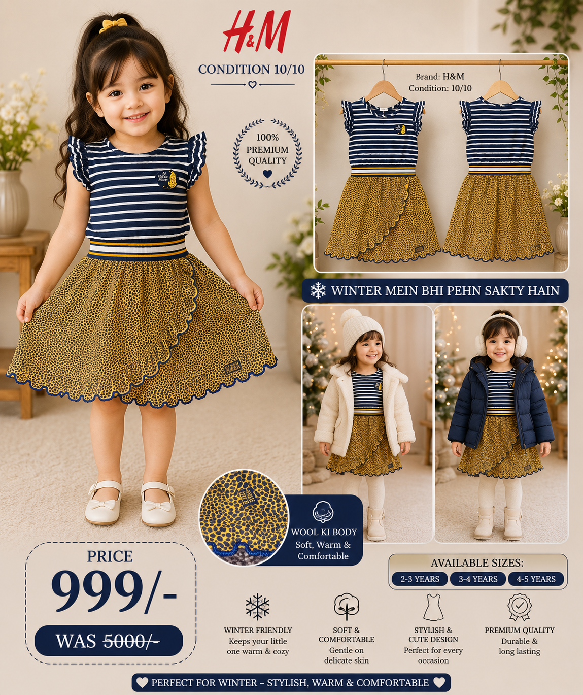H&M Girls Striped Winter Dress – Premium Quality | 10/10 Condition