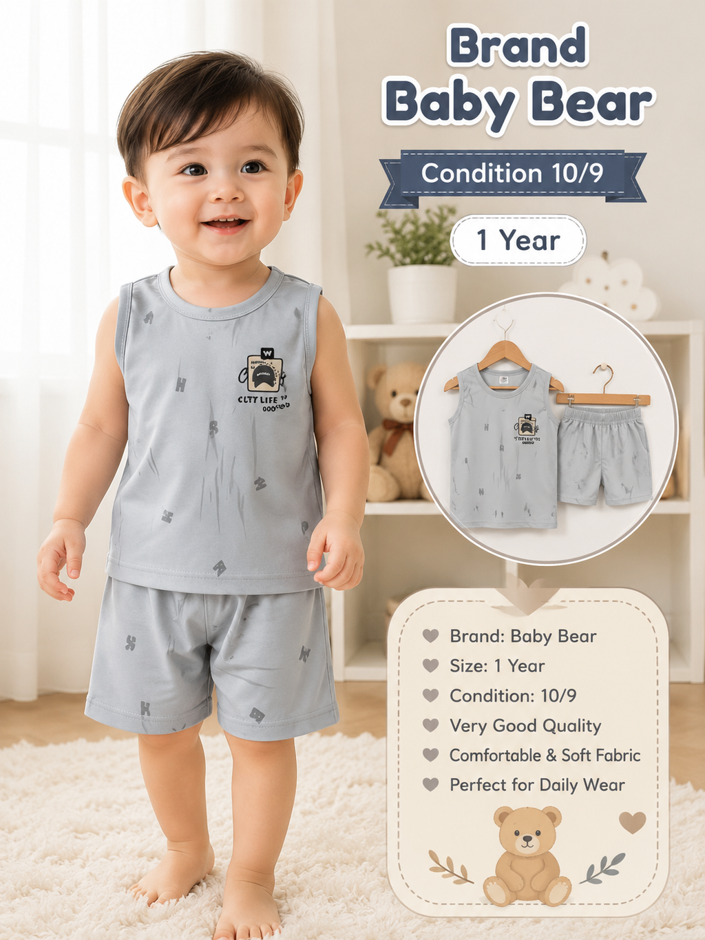 Baby Bear Unisex Summer Co-Ord Set – 1 Year | Soft Cotton | Preloved