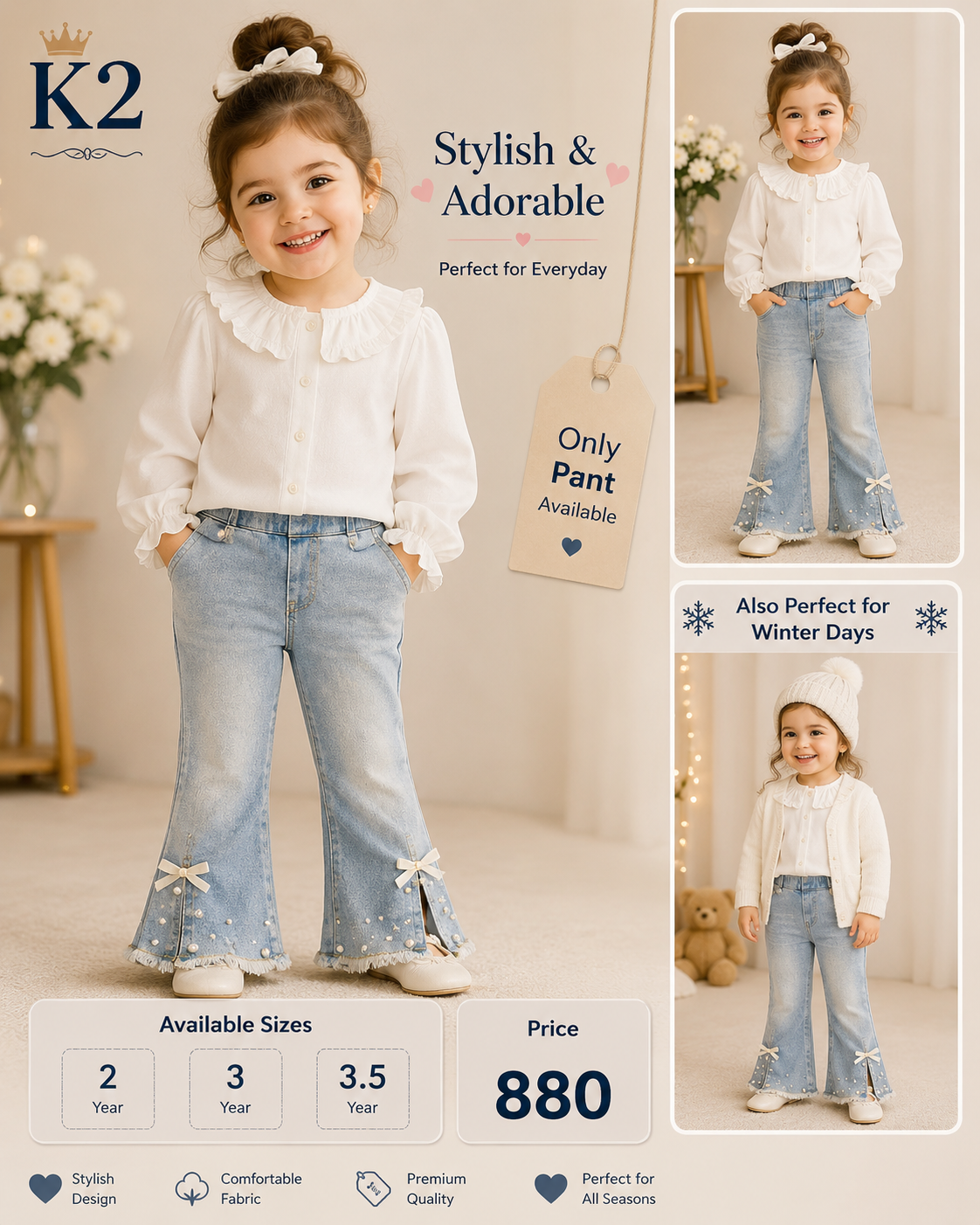 K2 Girls Stylish Flared Bow Denim Pants