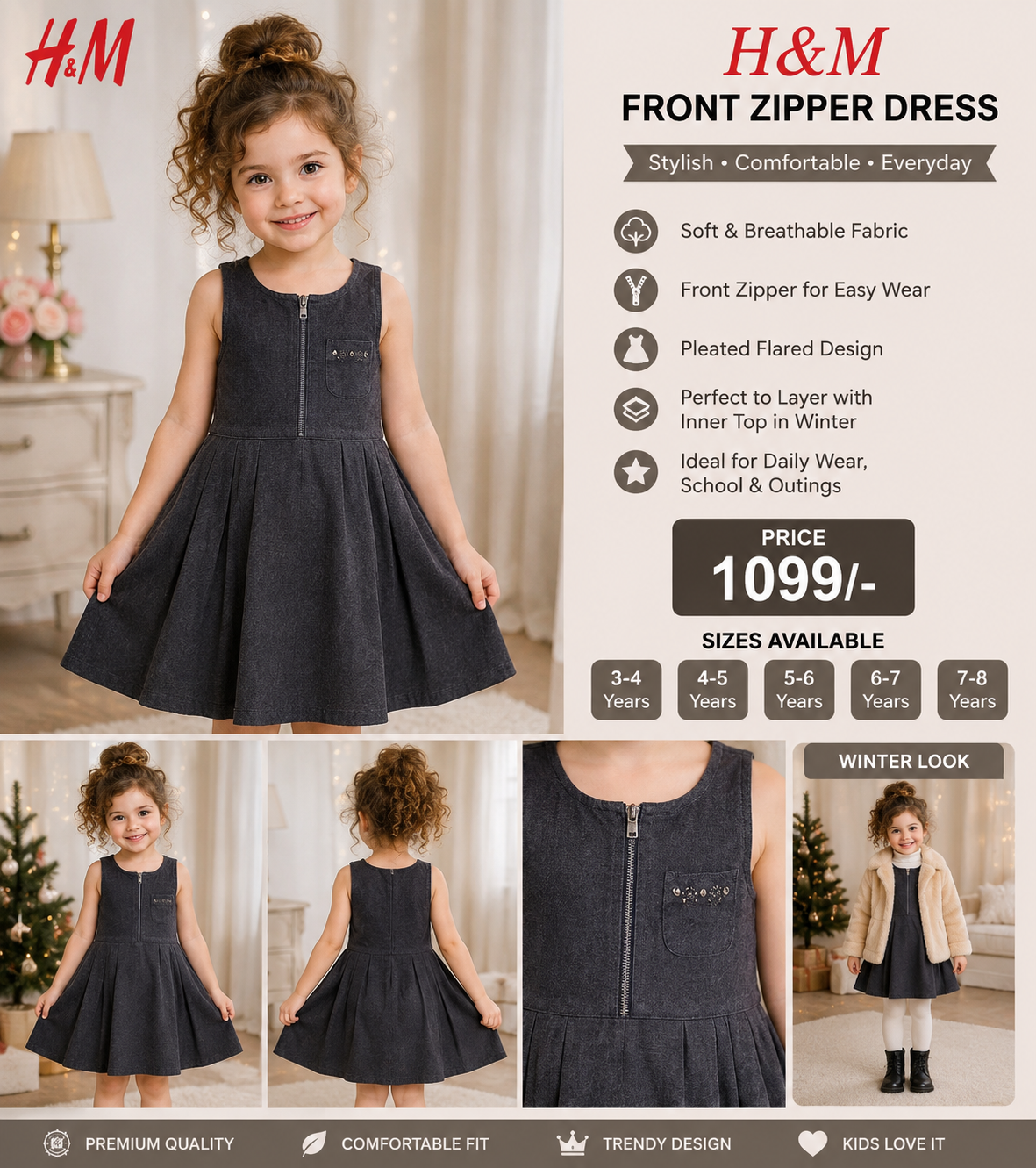 Girls Front Zipper Denim Frock Dress | Pleated Flared Casual Party Wear