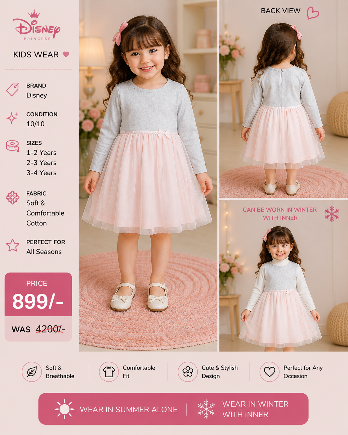Disney Princess Grey & Pink Tulle Dress for Girls