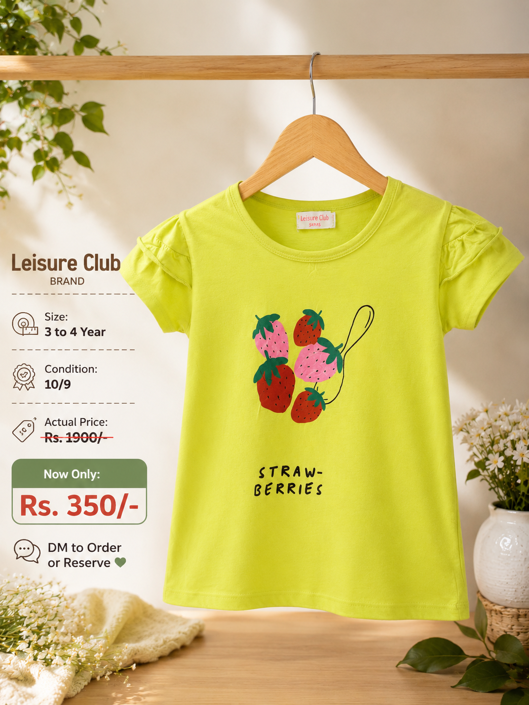 Original Leisure Club Green Strawberry Print Girls T-Shirt – Size 3 to 4 Years | Preloved
