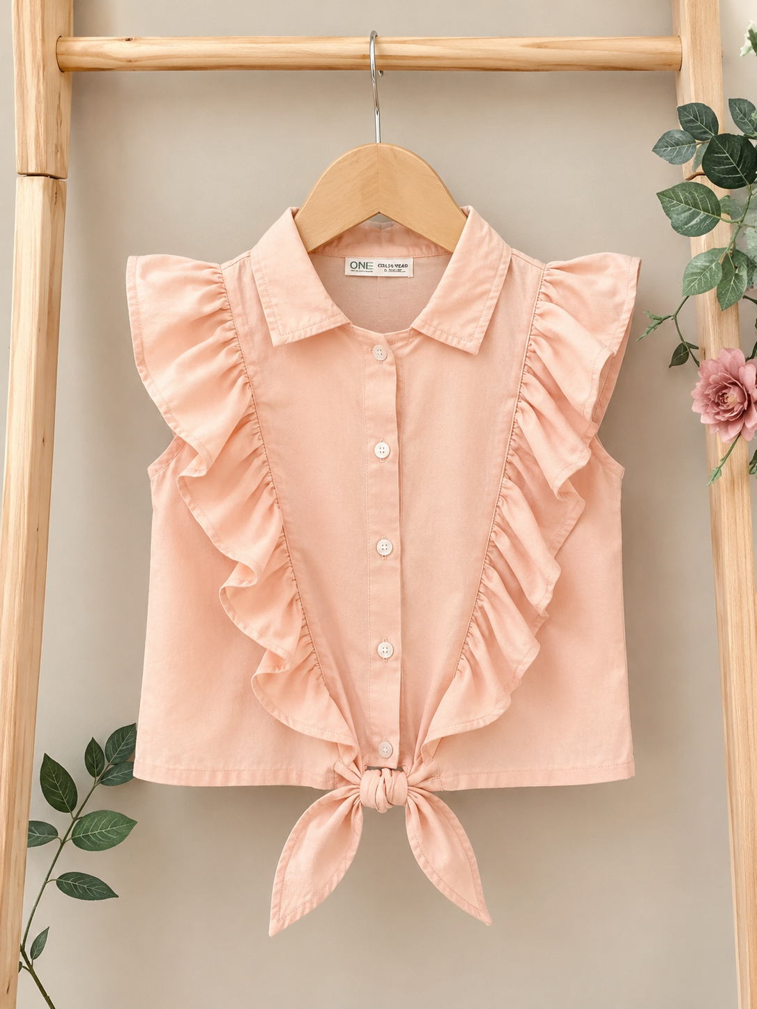 Girls Peach Ruffle Tie-Front Top