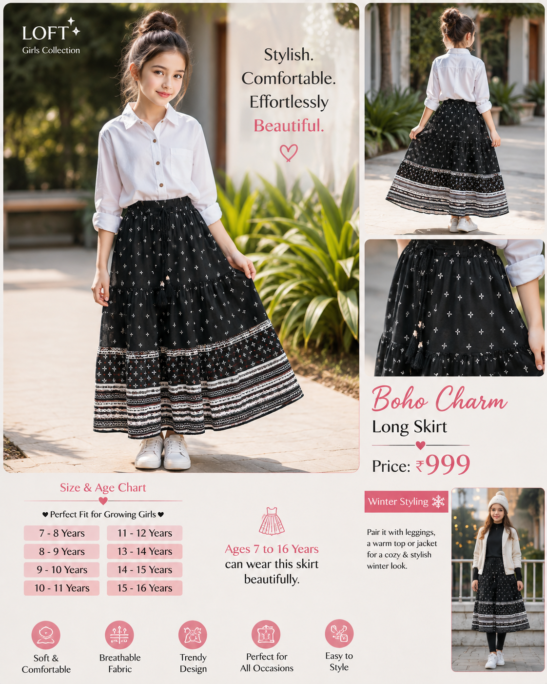 LOFT Girls Black Printed Boho Long Skirt