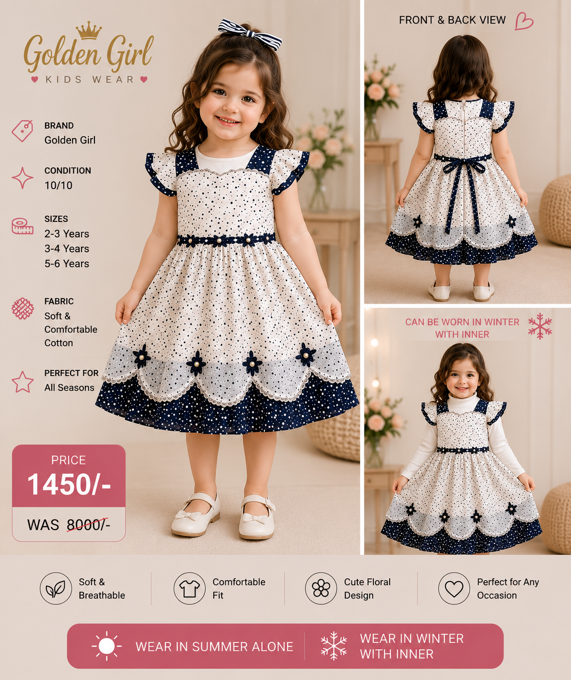 Golden Girl Polka Dot Cotton Dress | Girls Floral Party Dress | 2–6 Years