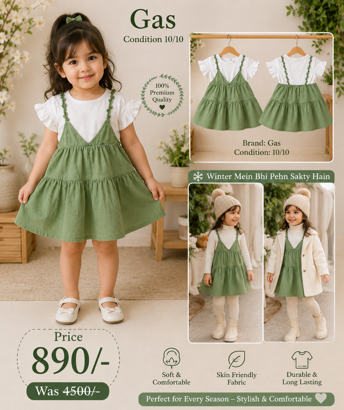 Gas Girls Green Layered Dress with Tee – Stylish Set | 10/10 Condition