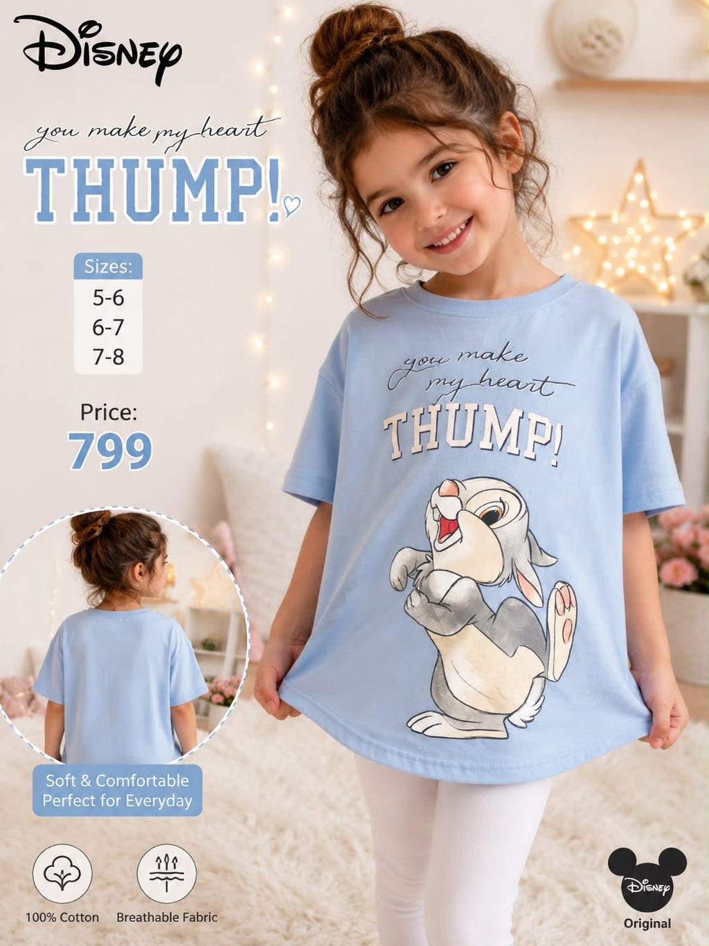 Girls Disney Thumper Printed T-Shirt – Soft Cotton Casual Top