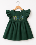 Girls Dark Green Floral Embroidered Dress