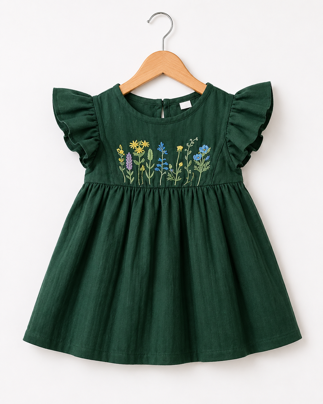 Girls Dark Green Floral Embroidered Dress