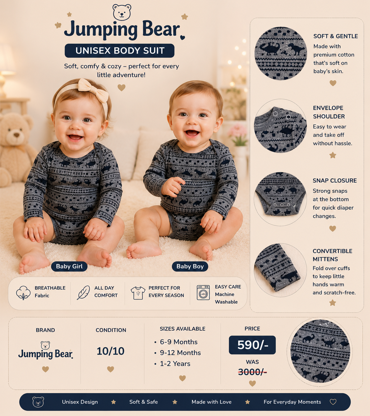 Jumping Bear – Unisex Printed Bodysuit