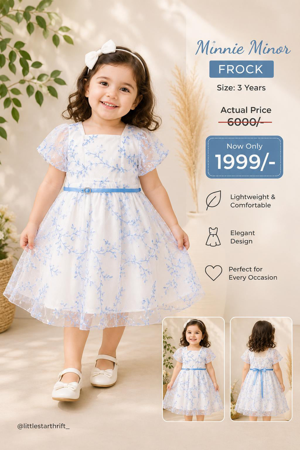 Original Minnie Minors Blue & White Girls Frock – Size 4 to 5 Years | Premium Preloved Dress