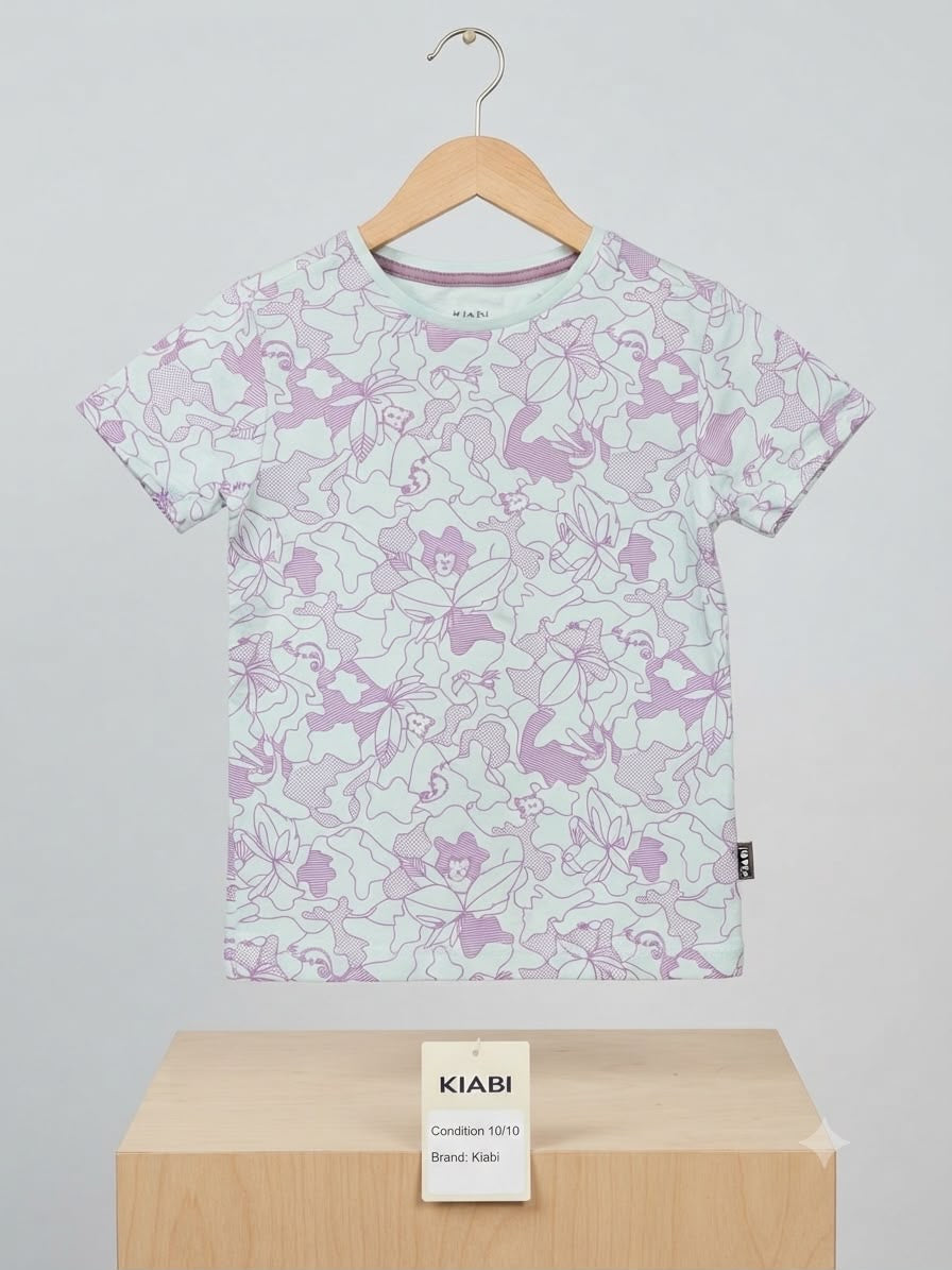 Kiabi Girls White & Lilac Floral Printed Cotton T-Shirt | Soft Casual Tee | 10/10 Condition