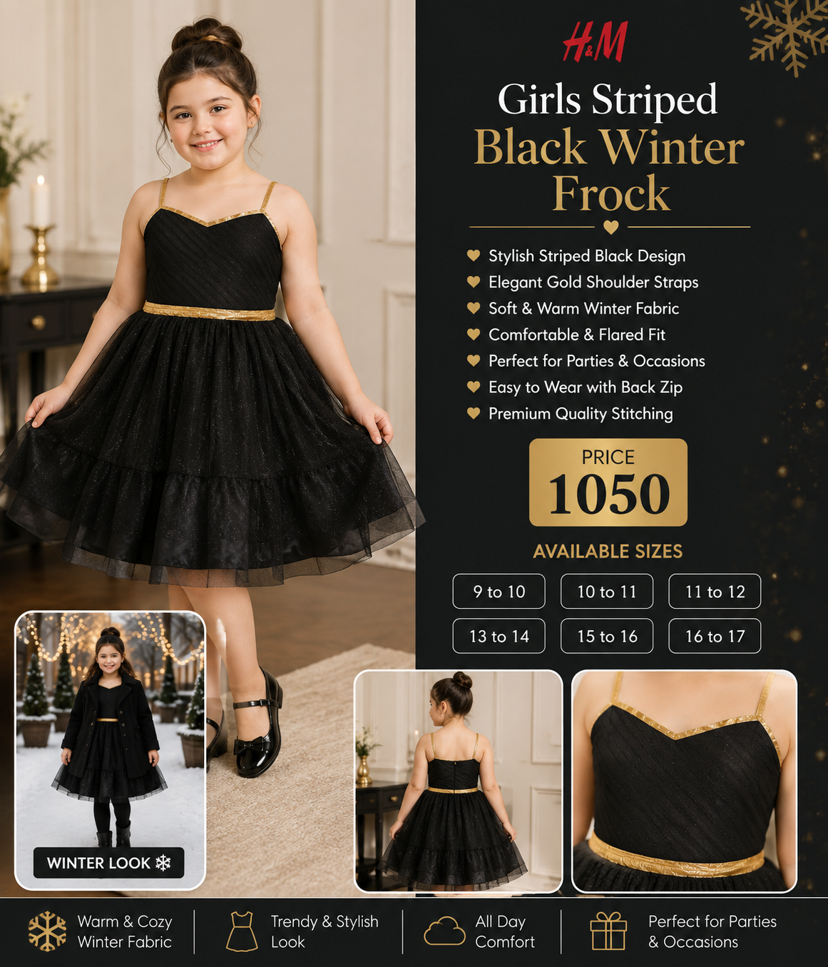 H&M Girls Striped Black Winter Frock