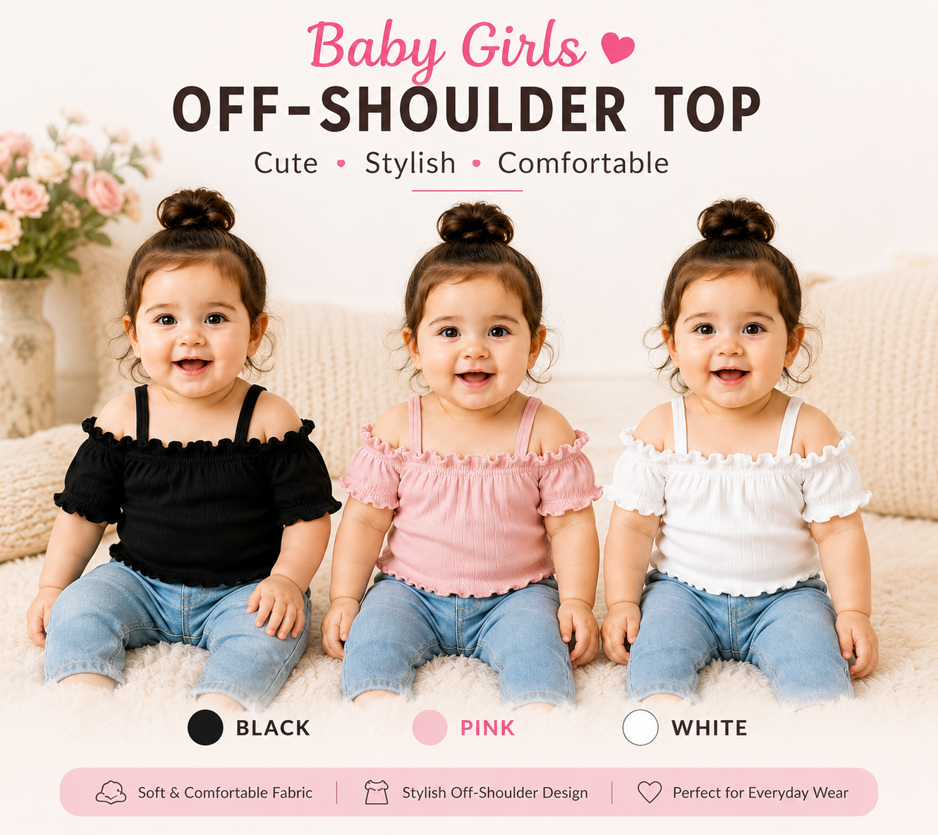 SHEIN Baby Girls Off-Shoulder Ruffle Top – Cute & Stylish Comfortable Top