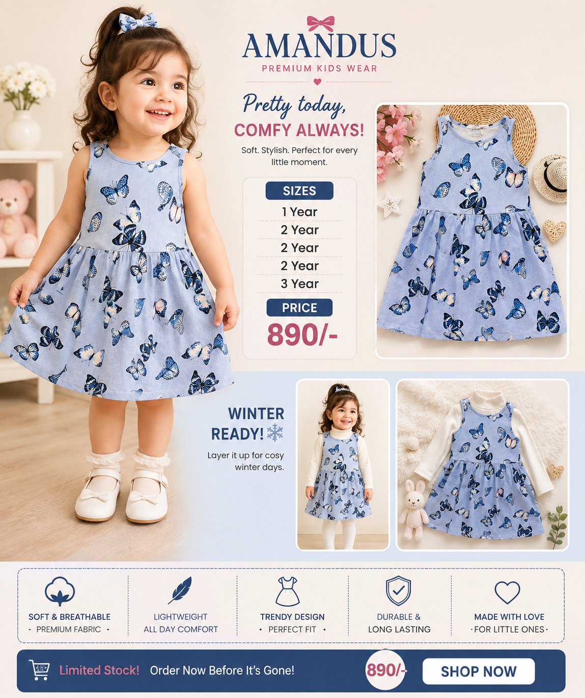 Girls Blue Butterfly Printed Dress