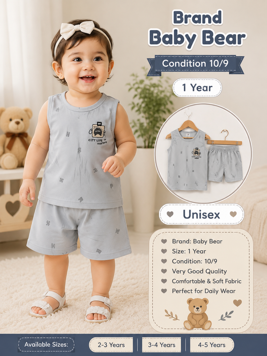 Baby Bear Unisex Summer Co-Ord Set – 1 Year | Soft Cotton | Preloved
