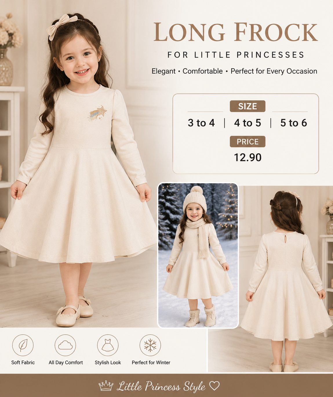Girls’ Elegant Cream Long Frock – Winter Princess Dress