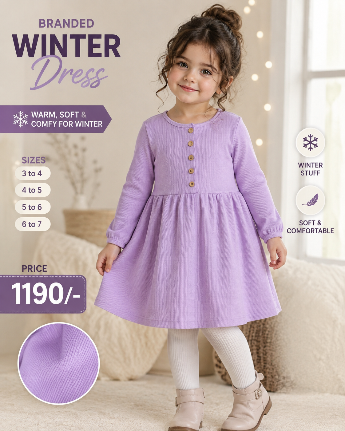 Girls Warm Winter Dress – Soft Full Sleeve Casual Party Frock