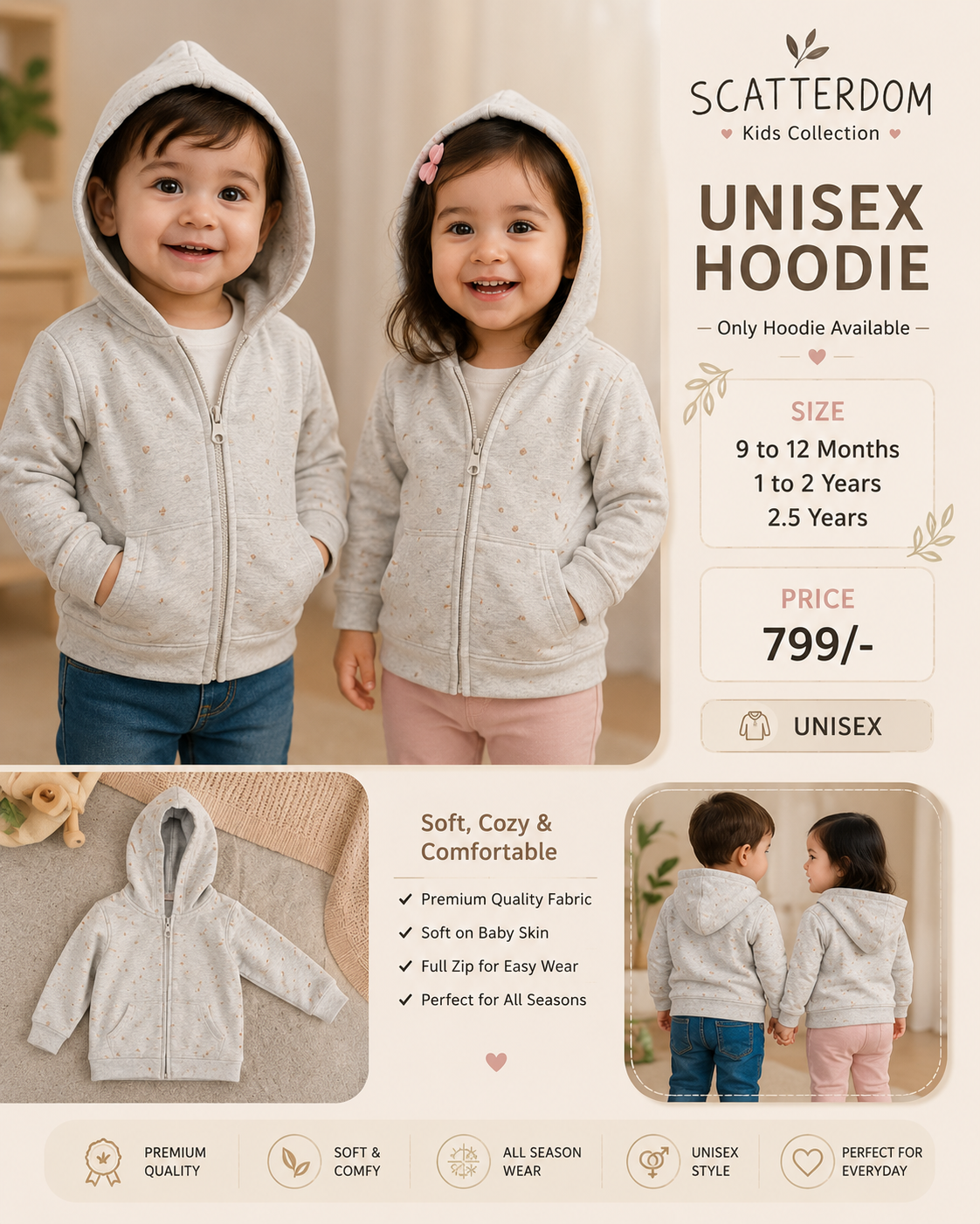 Scatteredom Kids Unisex Hoodie – Soft & Cozy Full-Zip Hoodie for Babies & Toddlers
