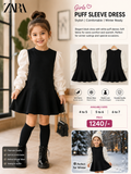 Girls' Elegant Black Dress with White Puff Sleeves