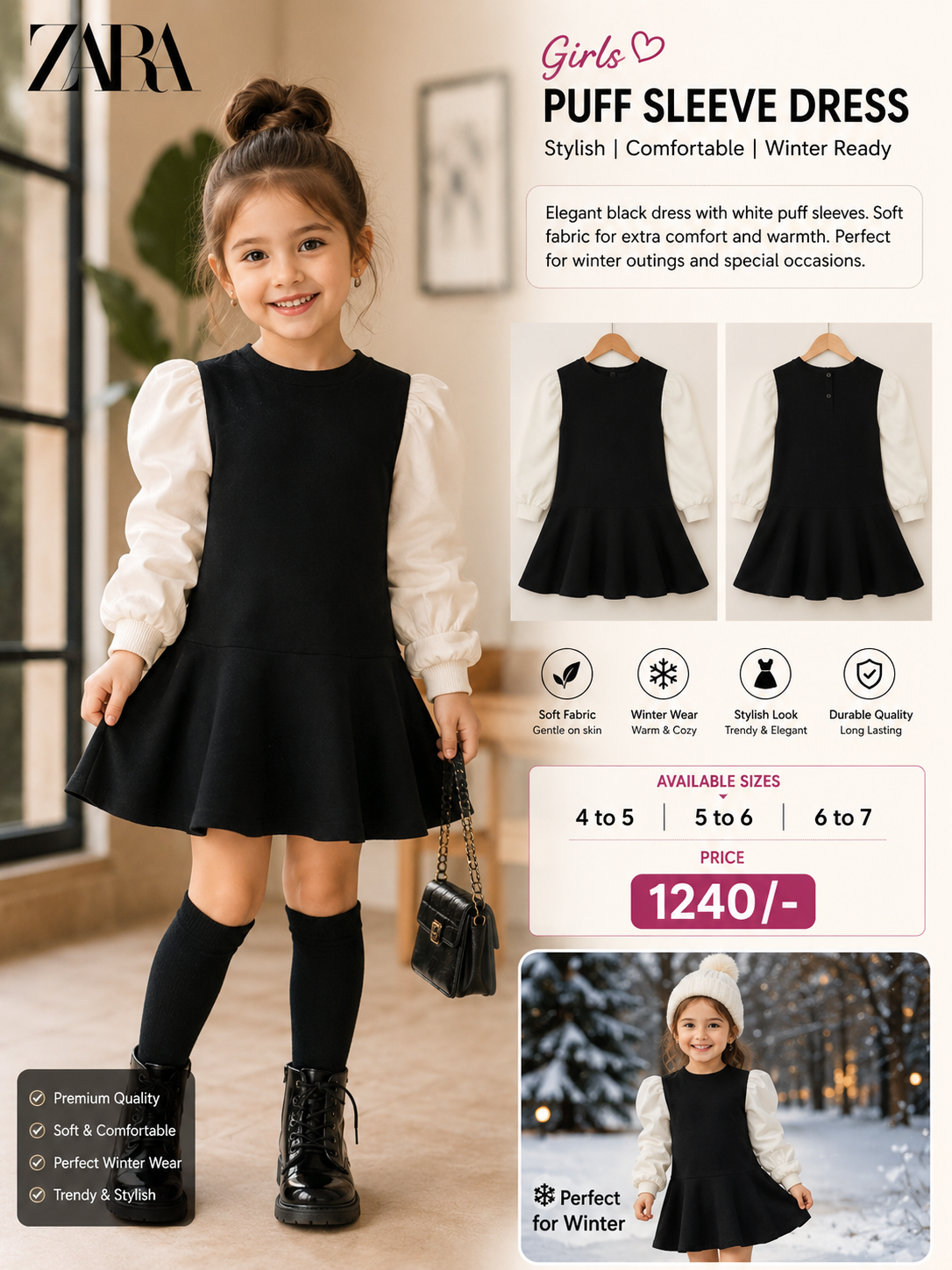 Girls' Elegant Black Dress with White Puff Sleeves