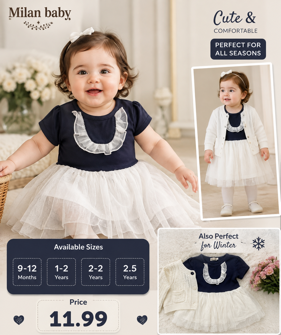 Milan Baby Girls Navy & White Tulle Dress